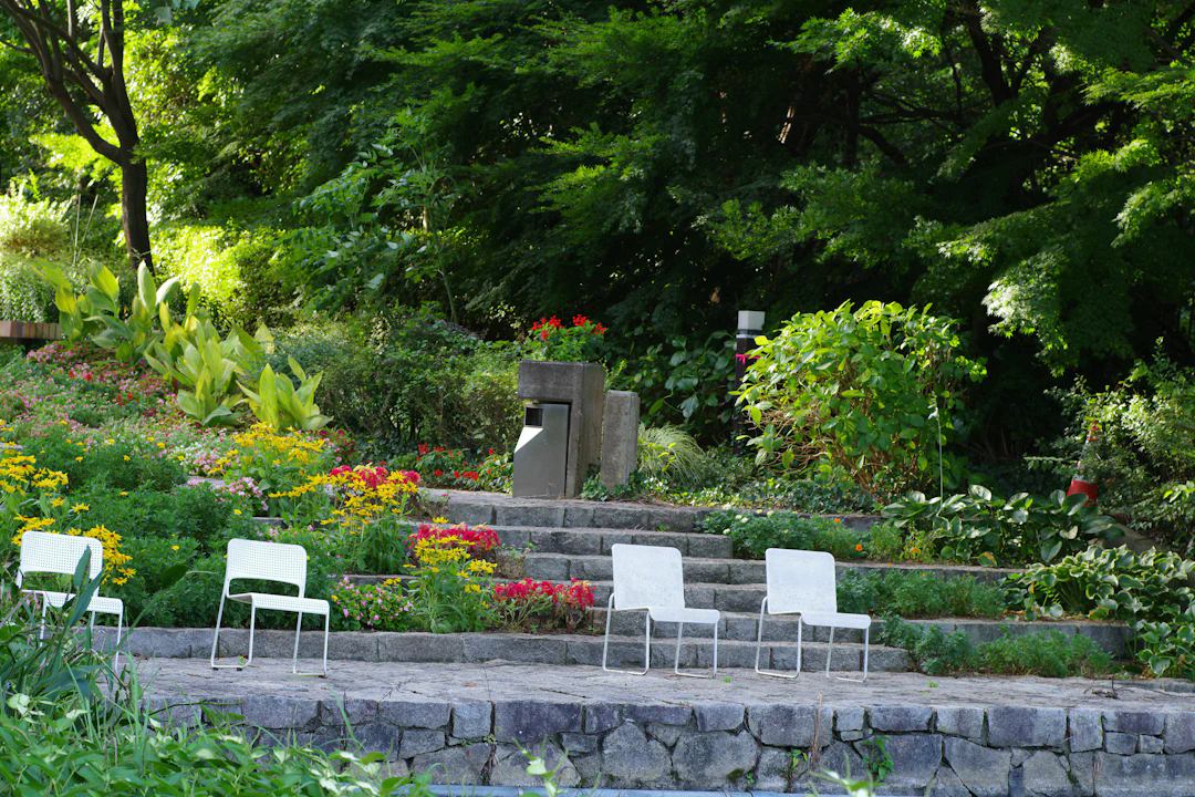 A garden scene with lush green plants, colorful flowers, and stone steps. Four white chairs are arranged on a stone patio in the foreground, facing away from the garden beds. There is a concrete trash bin and some red flowers on the steps in the background.