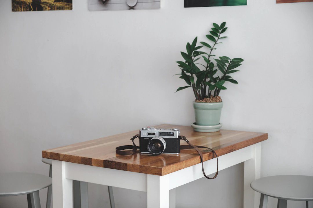A wooden table with white legs placed against a white wall. On top of the table, there is a potted green plant and a vintage film camera with a brown strap. Two gray stools are positioned beside the table, and framed pictures are partially visible on the wall above.