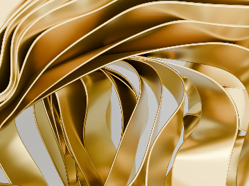 Abstract 3D rendering of wavy, metallic gold ribbons overlapping and twisting against a neutral background.
