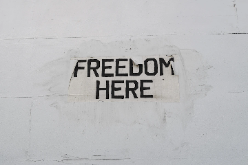 A white wall with a worn paper sign displaying the words 'FREEDOM HERE' in bold black letters.